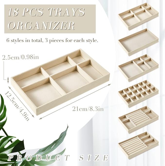 Junkin 18 Pcs Jewelry Drawer Organizer Inserts, Stackable Jewelries Inserts for Dresser Drawers, Drawer Insert Organizers Velvet Jewelry Trays for Rings Earring Bangle Necklace(Beige)