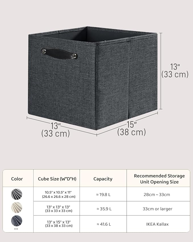 Cube Storage Bins | 13"x15"x13", Graphite Gray, 4 Pack | Multi-Size | 2X Thick Support Board | Vegan Leather Handles | 7.7 oz/yd² Fabric | Drawer Insert Basket Fits KALLAX