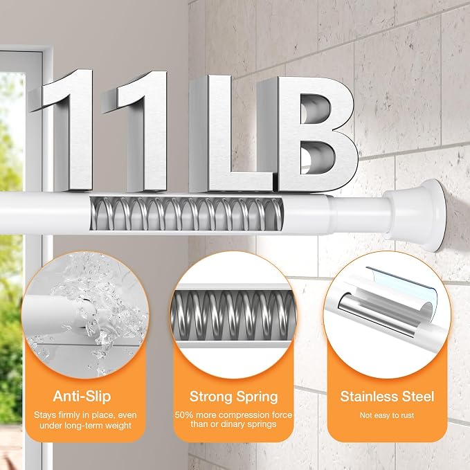 Tension Curtain Rod 30-62Inch White Tension Rod for Windows Shower Curtain Rods No Drilling Spring Adjustable Curtain Rods for Windows,Doorway,Bathroom,Closet,7/8" Diameter