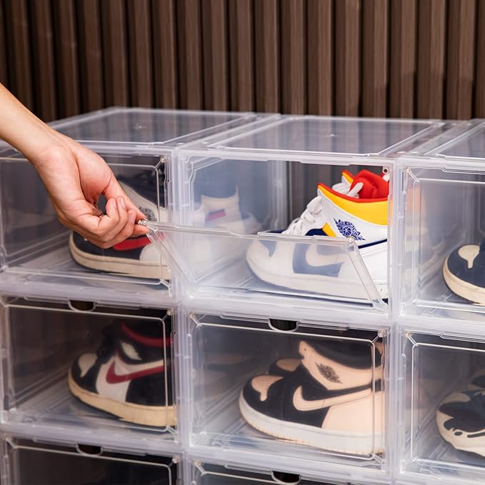 HIYOHIYO 1-Pack Clear Plastic Stackable Shoe Box Organizer, Fit US Size 14 | Sneaker Containers Magnetic Shoes Storage Box Foldable Drop Front Organizer Cases for Home Display Bins