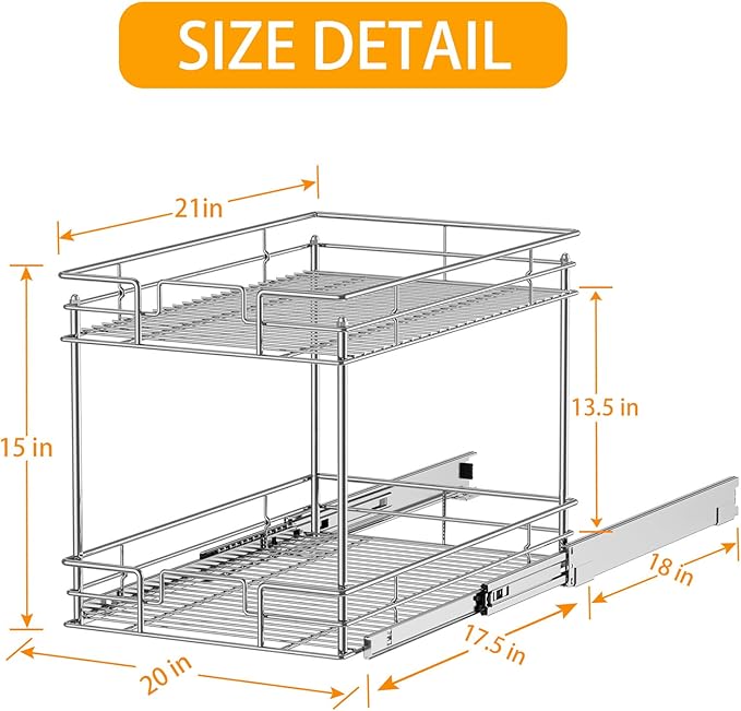 ROOMTEC New Version Pull Out Cabinet Organizer for Base Cabinet (20" W X 21" D), Kitchen Cabinet Organizer and Storage 2-Tier Cabinet Pull Out Shelves Under Cabinet Storage for Kitchen Silver,Chrome