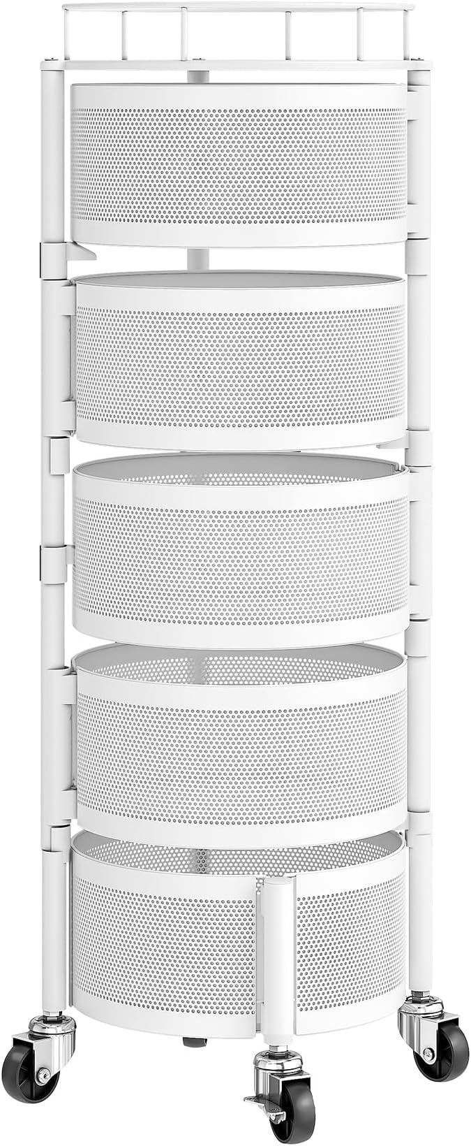 Rolling Drawer Storage Cart with 360° Rotating Open-Drawer Design, 5-Tier Metal Utility Cart with Round Storage Drawer for Kitchen, Bathroom, Laundry Room (White)
