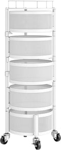 Rolling Drawer Storage Cart with 360° Rotating Open-Drawer Design, 5-Tier Metal Utility Cart with Round Storage Drawer for Kitchen, Bathroom, Laundry Room (White)