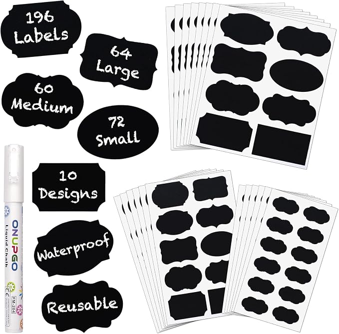 ONUPGO Chalkboard Labels Stickers Bulk - 196 Reusable Chalk Sticker Labels with Erasable Chalk Maker, Removable Waterproof Blackboard Labels for Containers, Glass, Mason Jar Labels | Removable, Waterproof, Reusable Chalk Labels, For Storage Bins & Food...
