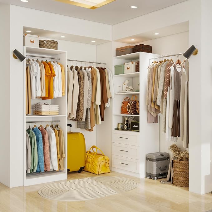 Closet System of 2 Sets with 3 Drawers & 4 Shelves & 4 Hanging Rods, 4FT-10FT Closet Organizer System, Walk in Closet, Modular Closet System White (4FT)