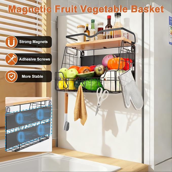 Livabber Magnetic Fridge Organizer Basket with Wood Shelf, Large Fruit Vegetable Storage Bin, Spices Snacks Condiments Rack for Kitchen Pantry, Laundry Room, Office, Magnetic or Wall Mount (Black)