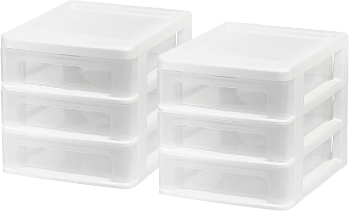IRIS USA Plastic Stacking Desk Top 3-Drawer Storage Organizer, 2-Pack, for Makeup Vanity Nail Polish Bathroom Stationery Art Craft Supplies Kitchen Office Garage and Small Organization, Small, White