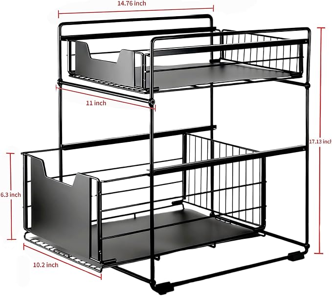 2 Tier Under Sink Organizer,Slide Out Kitchen Cabinet Organizer,Pull Out Pantry Storage with 2 baskets, Office Supplies,Kitchen,Bathroom Organizer with Sliding Drawer,Large Capacity,Multi-Use