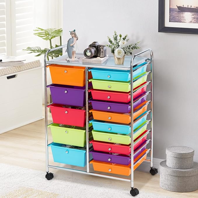COSTWAY 15 Drawer Rolling Storage Cart, Mobile Storage Organizer | Removable Drawers & Metal Frame, Multipurpose Utility Tools Paper Organizer on Wheels for Home, Office (Multi-color)