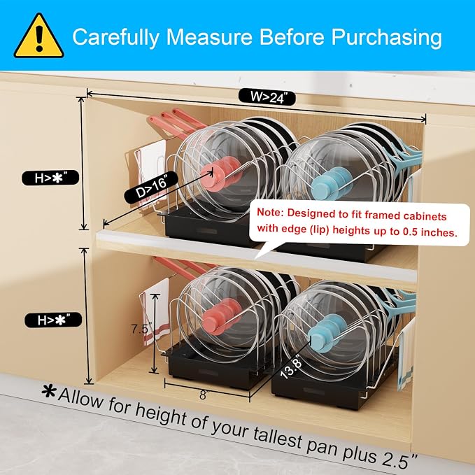 Golener Pots and Pans Organizer Under Cabinet, Pot Lid Holder, 2 Pack | No Drill Slide-Out Pan Organizer with Adjustable Dividers & Handle Bracket, Pan Storage Inside Cabinet for Kitchen