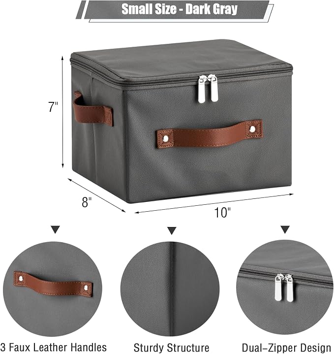 Storage Bins with Zipper Lid PU leather Storage Boxes Leather Fabric Collapsible Lidded Baskets Cube with Handle Decorative Shelves Closet Office Organizer Container(Dark Gray, Small Size)
