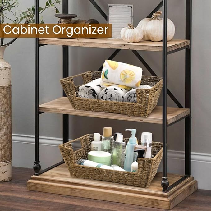 2 Pack Open Front Storage Baskets, Brown Paper Rope Woven Basket with Built-in Handles, 13''L x 10''W x 5''H Pantry Organzier Bins for Shelf, Bedroom, Living Room, Pantry