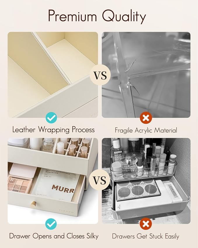 VLANDO Makeup Organizer,Vanity Organizer with Drawers, PU Leather Skincare Organizer Perfume Organizer,Large Cosmetic Display Case for Lipstick,Brushes Gifts for Women-Beige