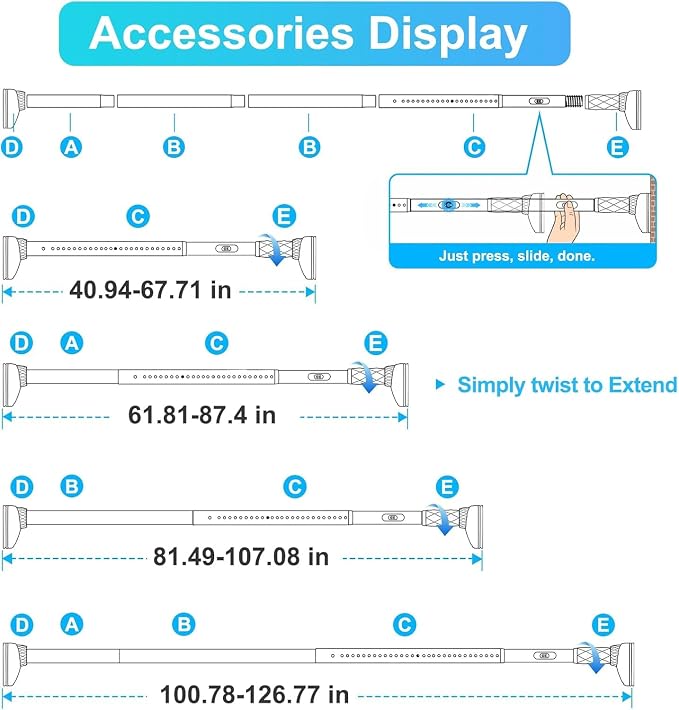 Closet Rods For Hanging Clothes,41-126 In(3-10ft) Extra Long Tension Rod For Closet,Adjustable Rod Without Drilling 33lb Heavy Duty Closet Rods Diameter 1.26in-One-Bond Stretching,Black