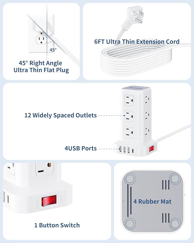 Extension Cord with Multiple Outlets, SMALLRT Flat Plug Power Strip Tower with USB 12 AC Outlets, 6.5FT Ultra Thin Extension Cord Outlet Extender for Home Office, Overload Protection