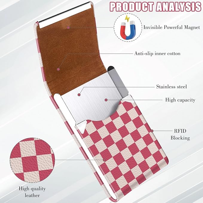 2Pack Leather Stainless Steel Business Card Holder, Metal Slim Business Card Case for Women or Men, Pocket Business Card Carrier with Prints, Magnetic Closure, RFID Blocking