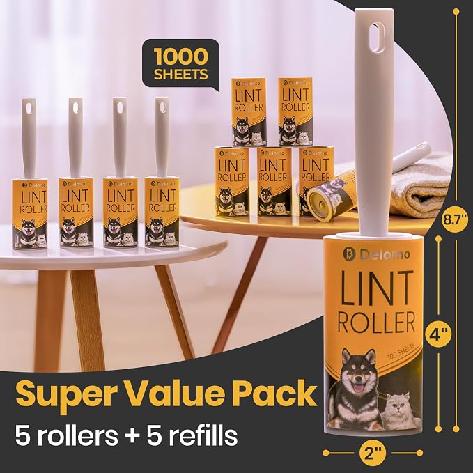 DELOMO Lint Roller for Pet Hair Extra Sticky, Mega Value Set of 1000 Sheets | 5 Handles + 10 Rollers, Clean Faster for Clothes, Couch, Bedding, Furniture & Car, Easy Peel Design for Multi-Pet Homes