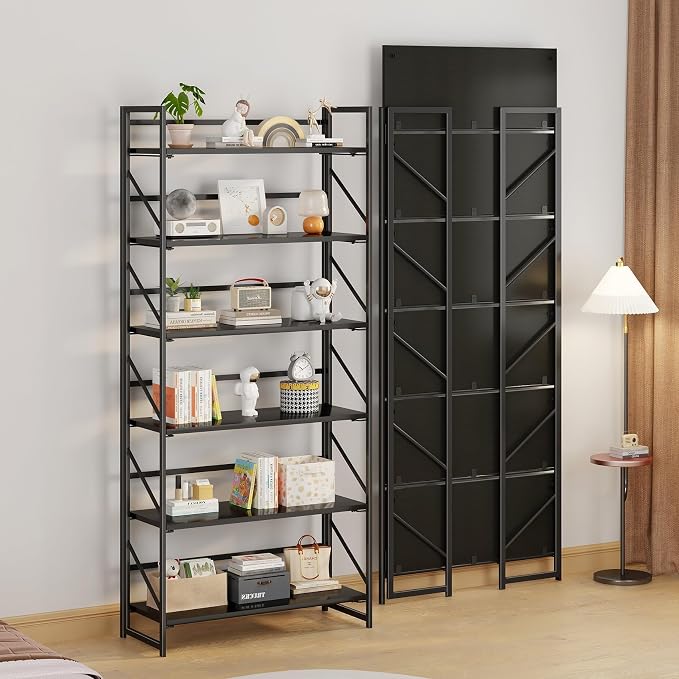 JSB 6 Tier No Assembly Folding Bookshelf, 30.7" Wide Foldable Storage Bookcase for Home Office, Space-Saving Storage Shelf for Living Room (Black)