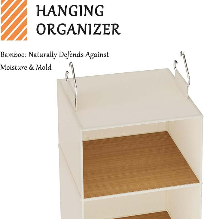 VERONLY Hanging Closet Organizer and Storage with Bamboo Shelves - Foldable Storage for Clothes, Towels, Accessories | Space Saving, No Assembly Needed (Beige)