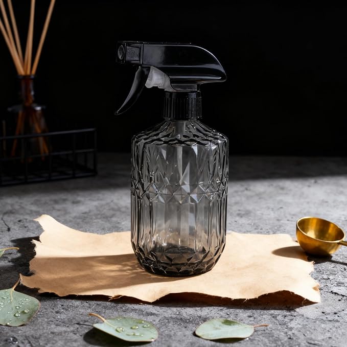 Glass Handheld Spray Bottle, 15oz Refillable Water Bottle Spray, Reusable Adjustable Nozzle Plant Mister Spray Bottles Indoor, Plant Mister for Hair, Cleaning, Gardening, Pets Care (Dark Grey)