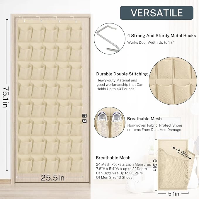 40-Pocket Over the Door Shoe Organizer - Large Mesh Pocket Hanging Shoe Organizer,Behind the Door Shoes Storage Holder Hanger