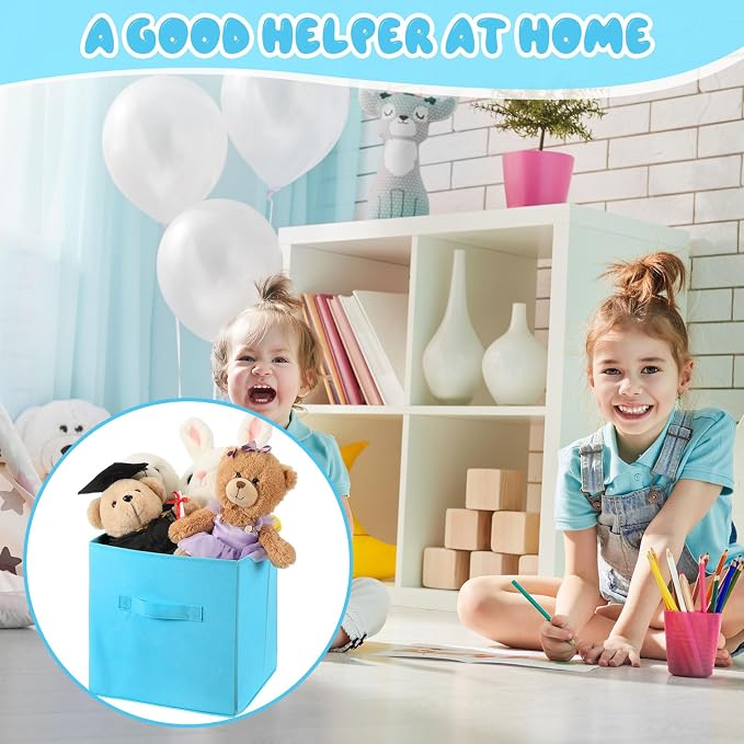Yinder 12 Pcs Cube Storage Bin Blue 10.5''x10.5''x11'' Storage Bins for Playroom Decor Colorful Bins for Kids Foldable Baskets for Nursery Organizer Boxes Fabric Boxes(Dark and Light Blue)