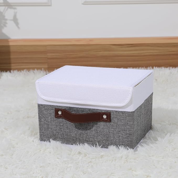 ANMINY Storage Boxes with Lids Washable Decorative Storage Bins Basket with PU Leather Handle Foldable Linen Fabric Storage Cubes Containers for Home Closet Organizer - Gray White, Medium