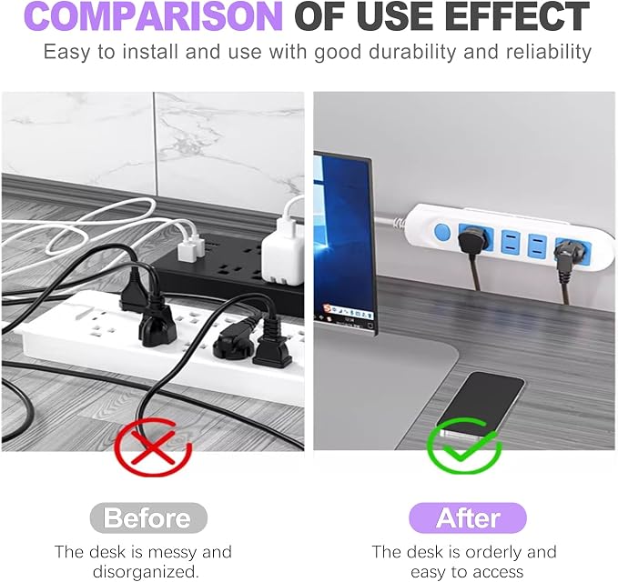 10 Pack Self-Adhesive Power Strip Holders with 40 Cable Clips, Punch-Free Wall Mount for Power Strip and Cable Management, Space-Saving Cord Organizer for Home Office