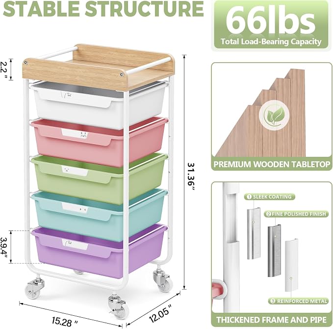 SYKIARIOL Utility Cart with 5 Labeling Drawers and Wooden Tabletop – Rolling Storage Cart for Crafters, Artists, Kids, Teachers, and Students – Organize Arts, Crafts, Sewing & Study Supplies