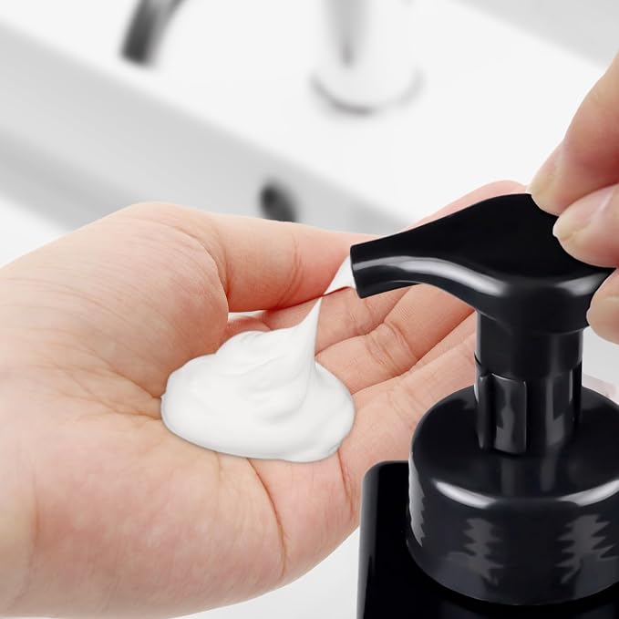 15OZ Foaming Soap Dispenser, 2-Pack Plastic Hand Soap Dispenser, Refillable Leakproof Foam Pump Bottle with Waterproof Labels, for Shampoo, Body Wash