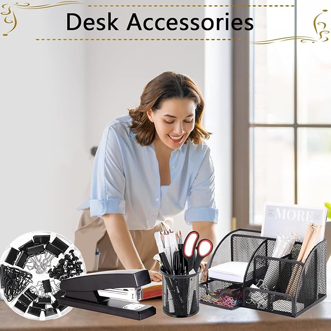 Office Supplies,Desk Accessories,Stapler and Tape Dispenser Set,1000 Staples,Staple Remover,Pen Holder,Folding Phone Holder,Journal Notebook,Ballpoint Pen,Scissor,Ruler,Clear Tape,Sticky Notes,Ect