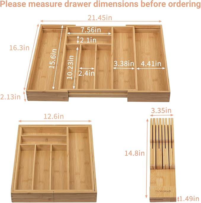 TIOPGHAD Bamboo-Silverware-Drawer-Organizer-Kitchen, Expandable Utensil Holder Cutlery Tray Flatware Organization Adjustable Wood Tableware Dividers Storage (with Removable Knife Block)(Natural)