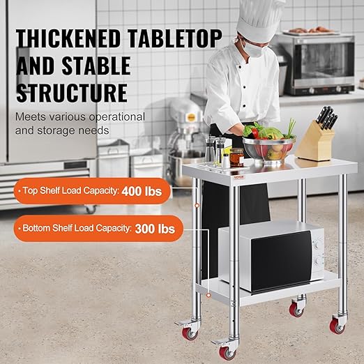 VEVOR Stainless Steel Work Table 30 x 24 x 33 Inch Prep Table with 4 Caster