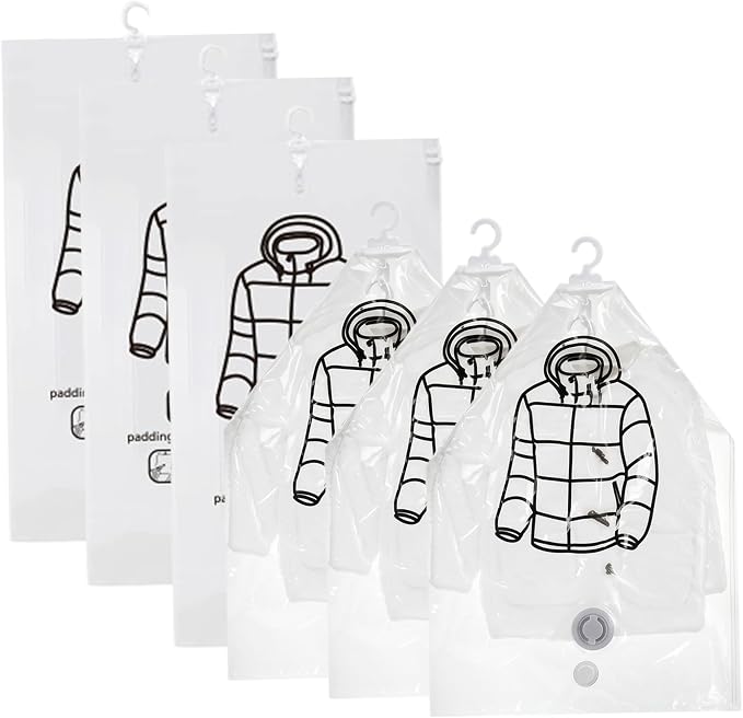 6PCS Vacuum Bags for Clothes, Thick Transparent Hanging Vacuum Storage Bags with Hangers for Suits, Dress, Jackets