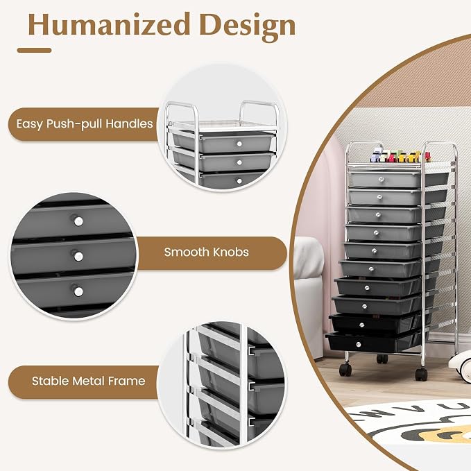 DREAMADE Rolling Cart with Storage Drawers, Utility Cart with Removable Plastic Drawers, Lockable Wheels, Art Cart for Classroom Organization Art Supplies Office Scrapbook (10 Drawers, Mixed-black)