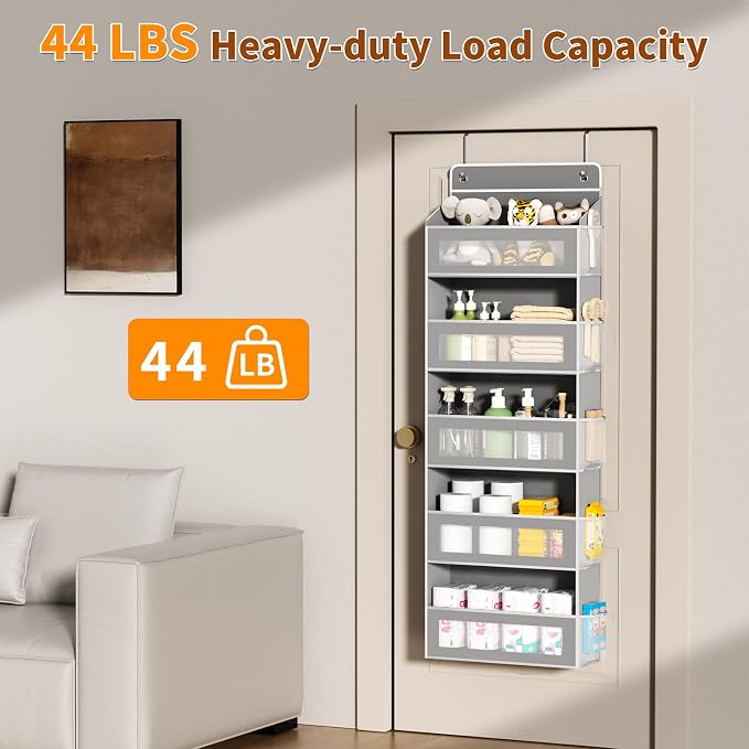 Over The Door Organizer, Over the Door Storage with 5 Large 10 Side Pockets, Hanging Door Organizer 44 lb Load Behind Door Storage, Hanging Shelf for Closet Wall Bedroom Bathroom Nursery, 5-Tier Grey