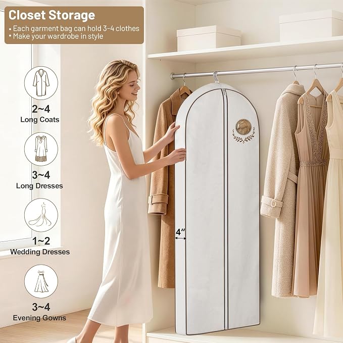 MISSLO 65" Cotton Garment Bag for Long Dress Breathable Fur Coat Storage Bag Women Dress Cover Luxury Garment Bags for Hanging Clothes Travel for Fur Coat, Jacket, Gown, Suit