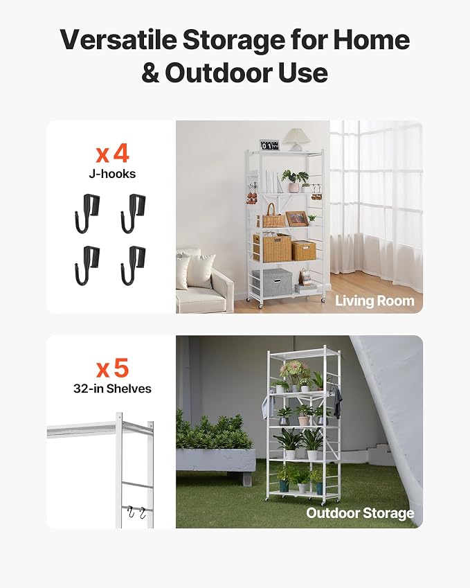 VEVOR 5-Tier Foldable Storage Shelf, 32W x 14D x 72H Inch Folding Metal Rack Shelving Unit, Heavy Duty No Assembly Organizer Shelf with 5 Wheels & 4 Hooks for Pantry, Kitchen, Garage, Basement, White