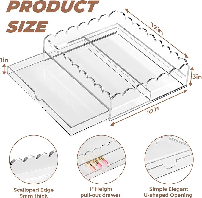 Scalloped Acrylic Tray, 10 x 12 Inch Acrylic Organizer Tray Insert 1” Height Drawer for Vanity Makeup Lipstick Bathroom Countertop, Clear Decorative Tray for Insert Needlepoint Customizable Home Decor