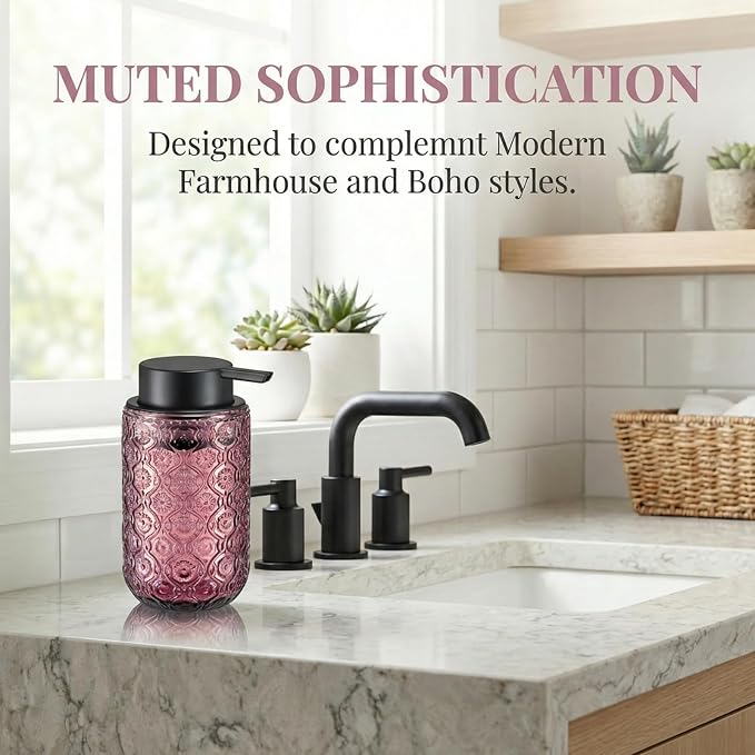 Pink Glass Liquid Hand Soap Dispenser with Matte Black Pump Thick Embossed Bottle Refillable for Bathroom and Kitchen Decor 13.5 oz