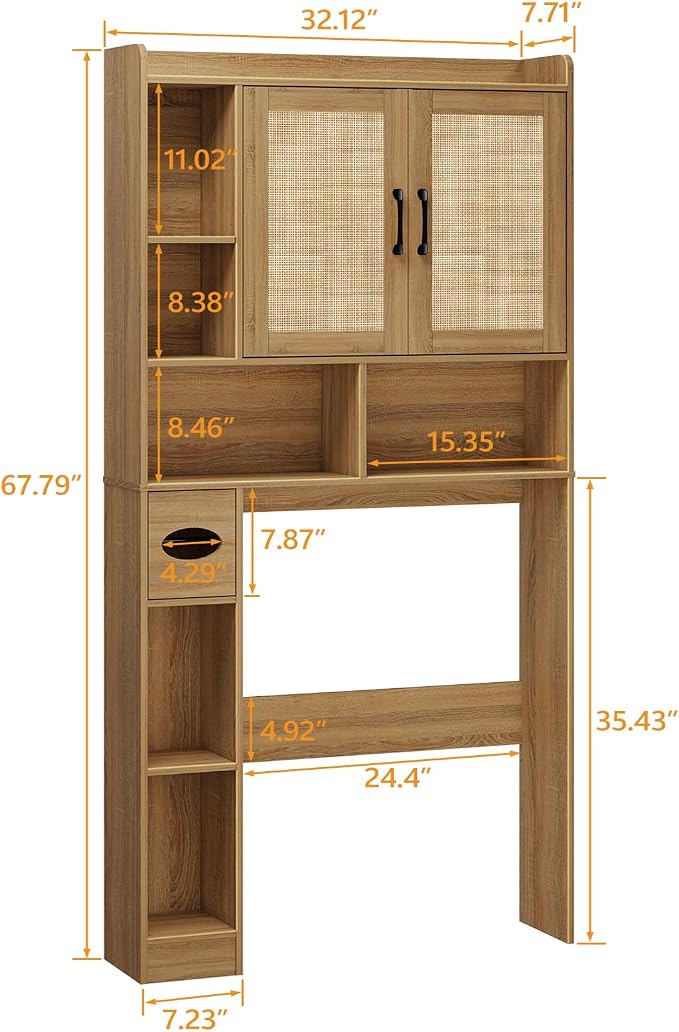 Vabches Over The Toilet Storage Cabinet with 2 Barn Doors, Oak | Farmhouse Storage Cabinet with Toilet Paper Holder Stand，Home Space-Saving Toilet Rack, for Bathroom, Restroom, Laundry