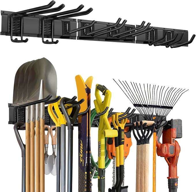 Garage Tool Organizer Wall Mount, 48in Tool Rack, 420LBS Capacity | Solid Steel, 3 Panels, 8 Movable Hooks in 4 Types, Rustproof Waterproof, Soft Anti-Scratch Hooks, Garden & Lawn Tool Storage