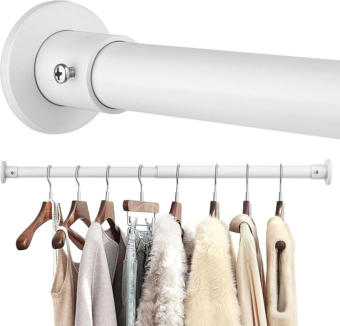 Closet Rods For Hanging Clothes, 17-64 Inch Adjustable Closet Rod, Stainless Steel Heavy Duty Closet Hanging Rod-White