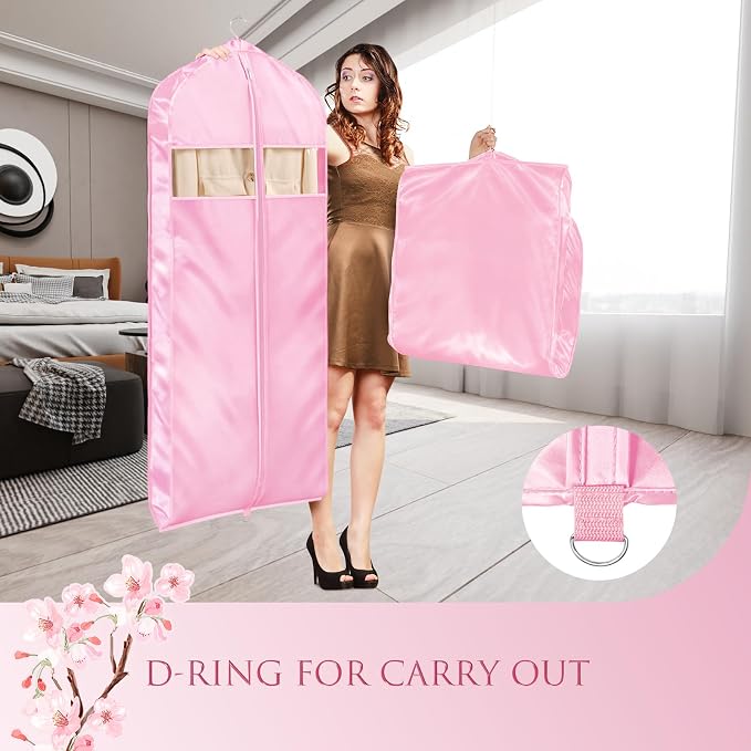 Univivi Super Soft Satin Garment Bags for Hanging Clothes, 43 Inch Zippered Suit Cover with Gussets, Breathable & Non-smell for Suits, Coats, Jackets, Shirts, 2 Pack - Pink