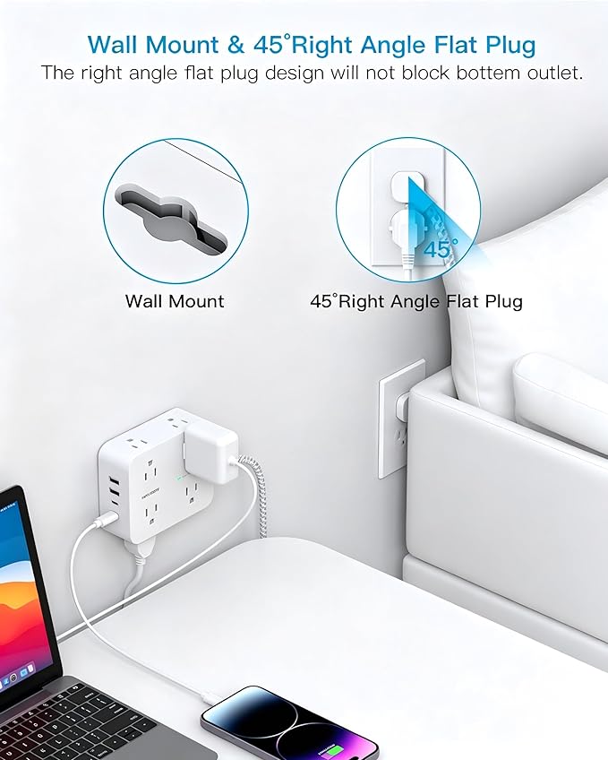 HANYCONY 10 Ft Braided Extension Cord with Ultra-Thin Flat Plug, 8-Outlet | 1080J Surge Protector Power Strip with 4 USB Ports (2 USB C), Ideal Wall Mount Charging Station for Home Office and Dorm