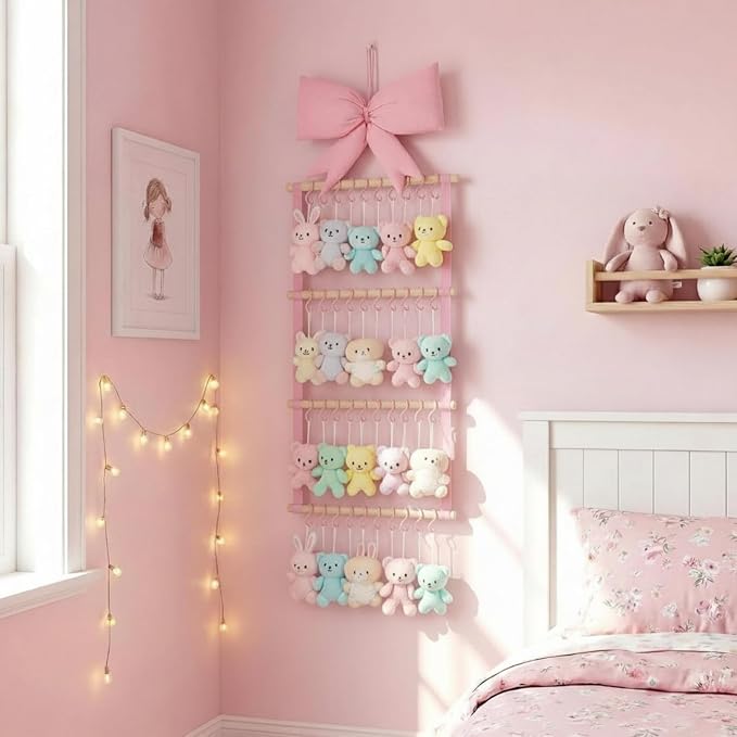 Sliner Pink Bow Headband Holder Head Bands Organizer for Girls, Baby Wall-mounted Headbands Hair Accessories Display Rack with 40 Plastic Hooks for Nursery Room Bedroom Living Room