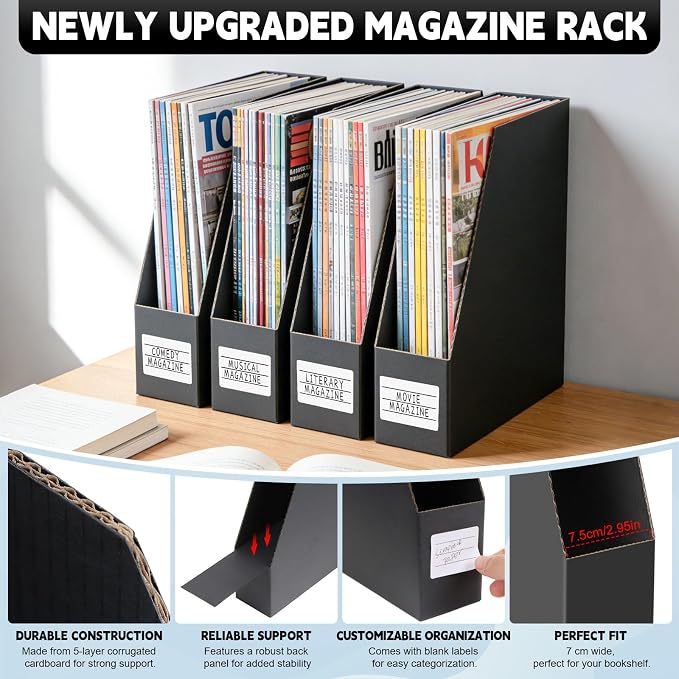YOTINO Black Magazine Holder, 8 Pack Cardboard Magazine File Holders, Vertical Desktop File Holder Organizer, Sturdy Magazine Rack for Office, Home and Classroom