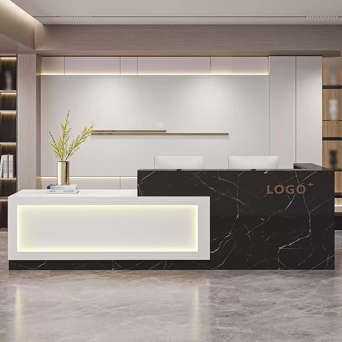 Modern Reception Desk with Counter, Front Desk Reception Counter with Lockable Drawer, Keyboard Tray & Storage Cabinet, Solid Wood Receptionist Table for Salon Office Lobby (B - Left, L 2.6m/102in)