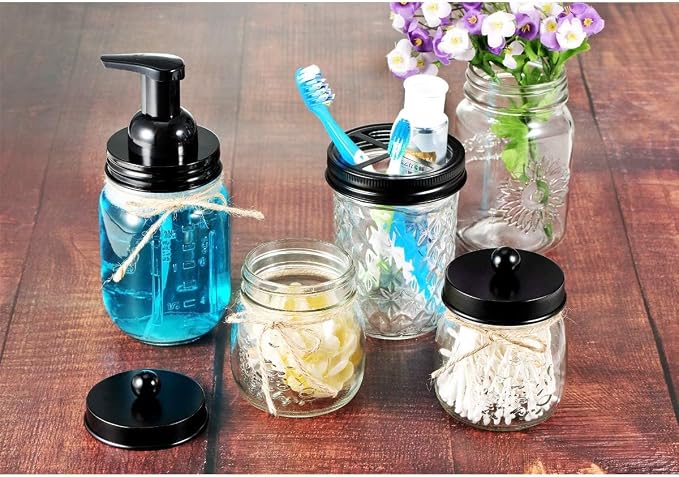 Amolliar Mason Jar Foaming Soap Dispenser Pump Lid, Refillable Plastic Pump, Rustproof Stainless Steel Lid for Regular Mouth Jar, Cute Farmhouse Decor, Hand Soap for Bathroom, Kitchen, Black 4 Pack