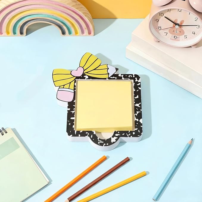 Back to School Sticky Note Holder Pencil Bow Sticky Note Dispenser 3 x 3 Notepads Wood Cow Print Self Stick Memo Pad Holder for Home Office Classroom Teacher Gift, No Pads Included